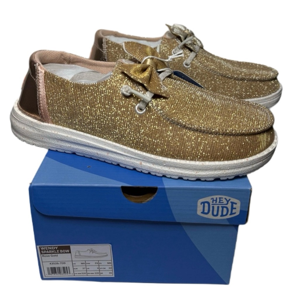 Hey Dude NIB Rose Gold Wendy Sparkle Bow Sneakers